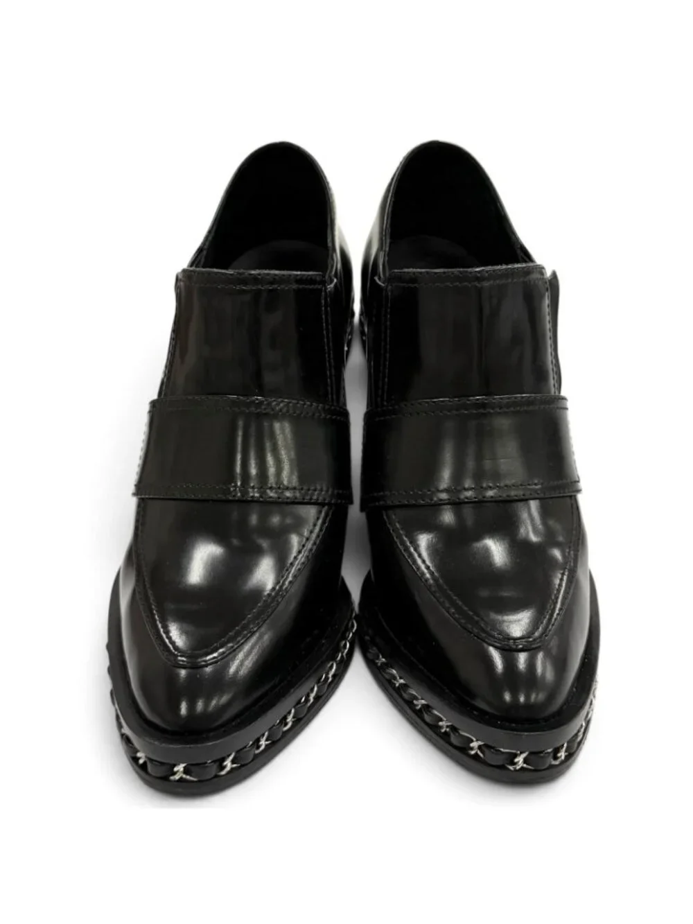 Chanel Leather Loafers Bootie with CC Logo Chain Black Silver 36.5 Boot